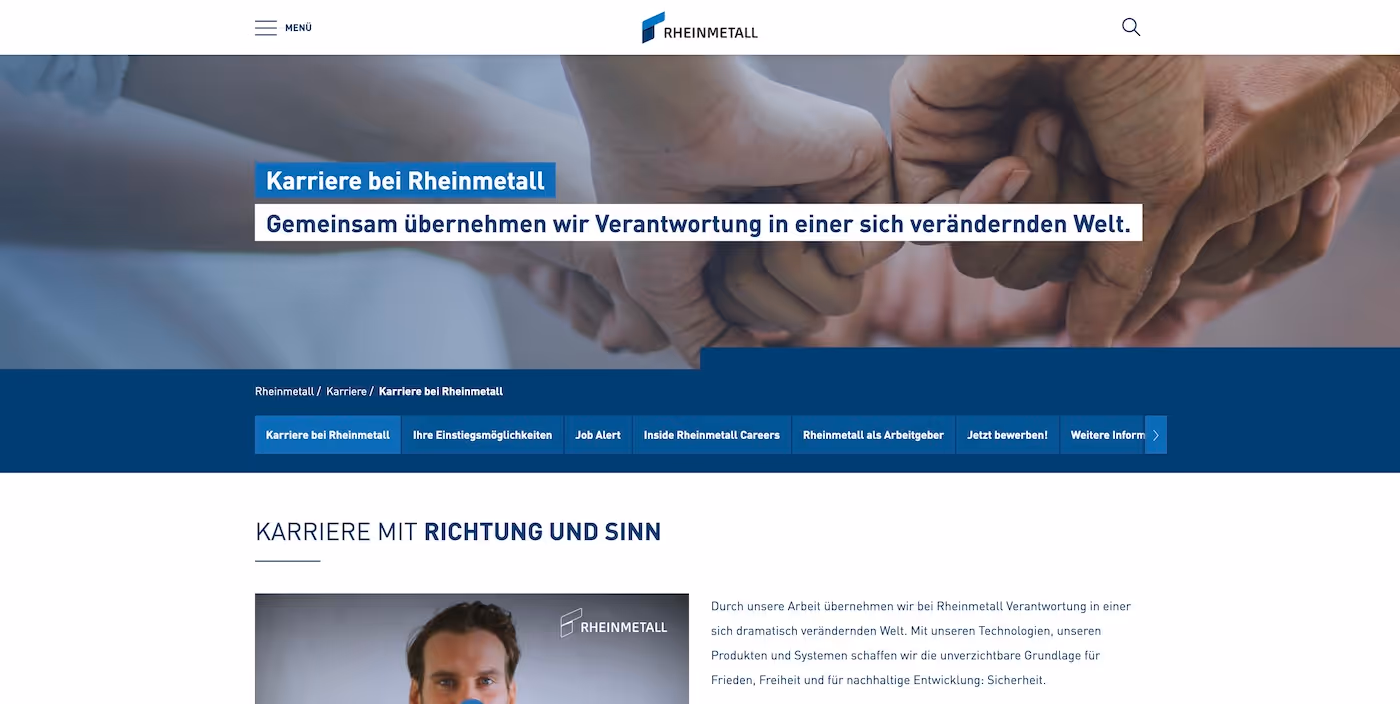 Screenshot of the official career page of Rheinmetall