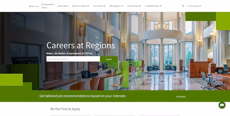 Screenshot of the official career page of Regions Bank