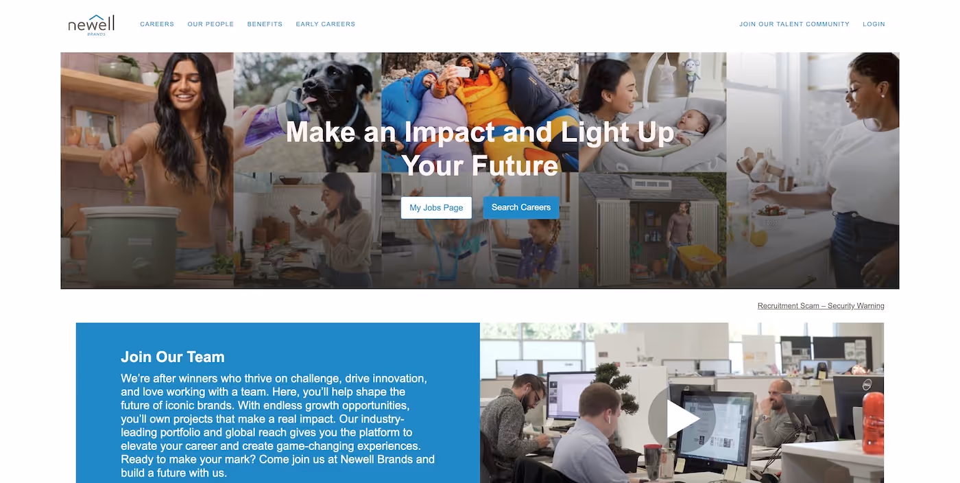 Screenshot of the official career page of Newell Brands