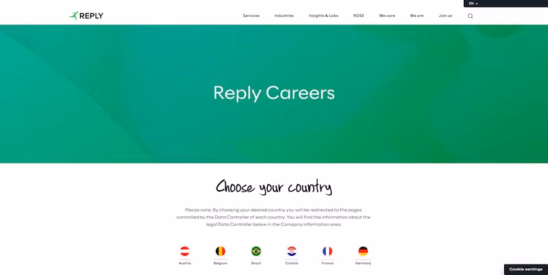 Screenshot of the official career page of Reply