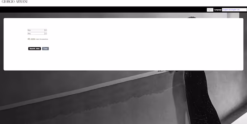 Screenshot of the official career page of Armani