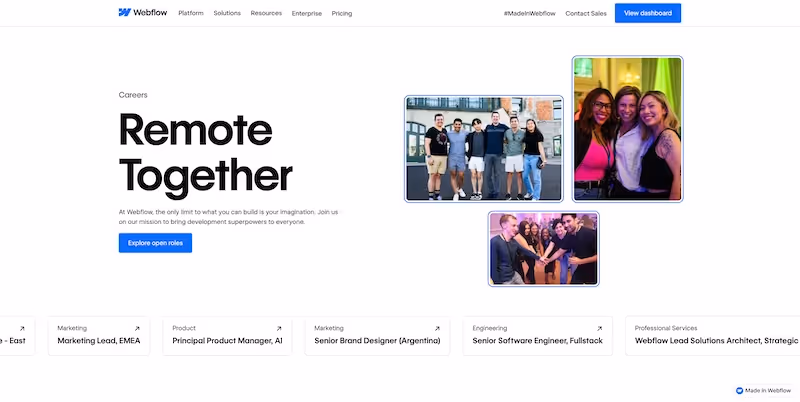 Screenshot of the official career page of Webflow