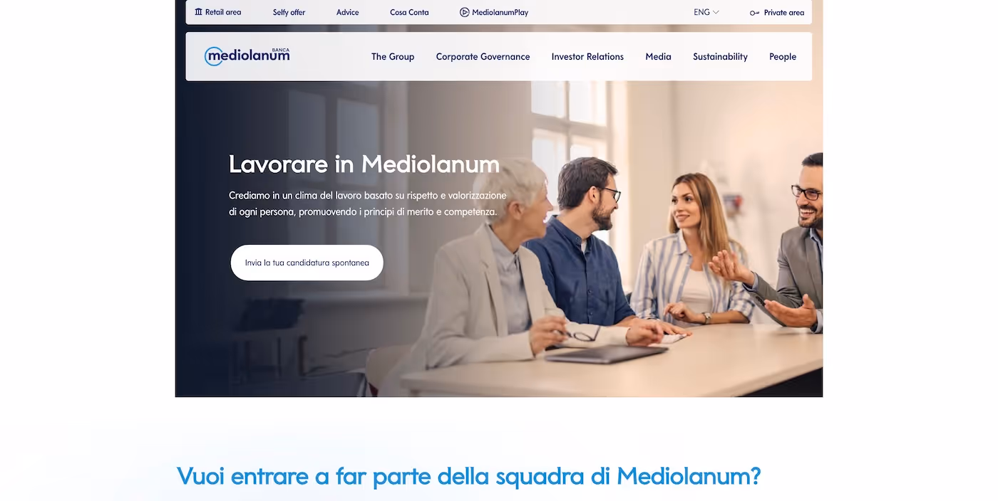 Screenshot of the official career page of Banca Mediolanum