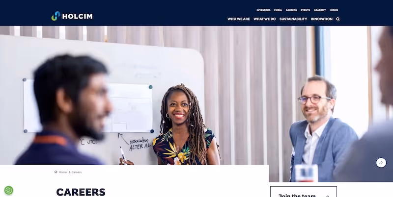 Screenshot of the official career page of Holcim