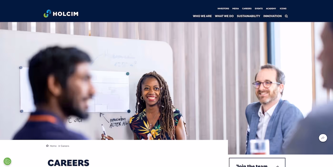 Screenshot of the official career page of Holcim