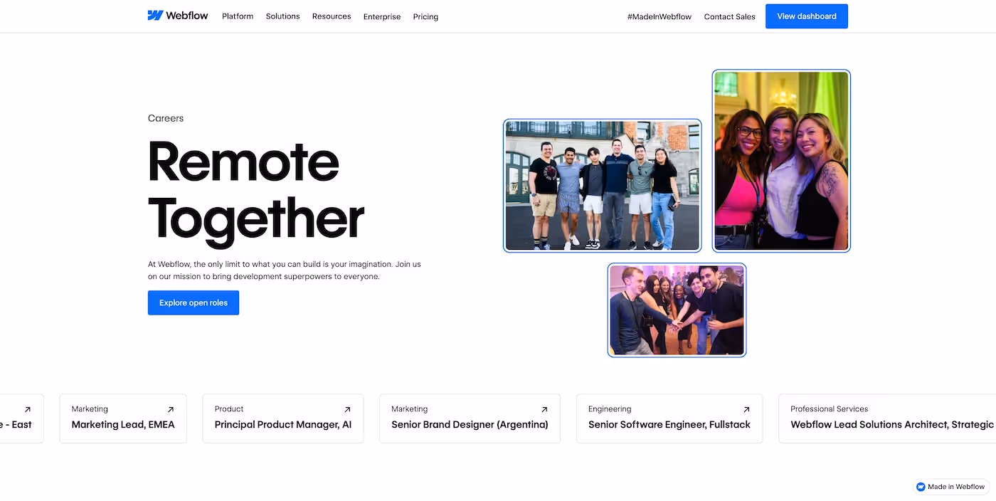 Screenshot of the official career page of Webflow