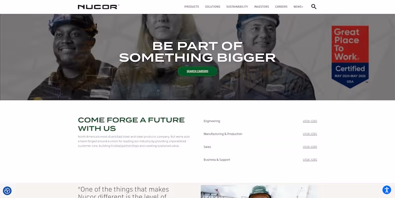 Screenshot of the official career page of Nucor