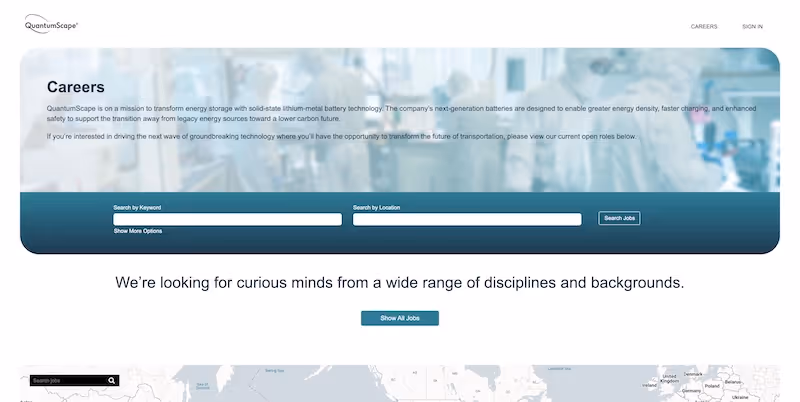Screenshot of the official career page of QuantumScape