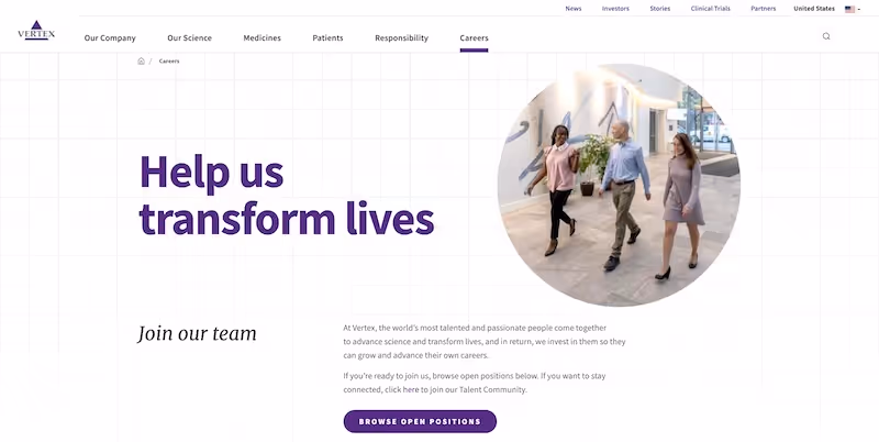 Screenshot of the official career page of Vertex Pharmaceuticals
