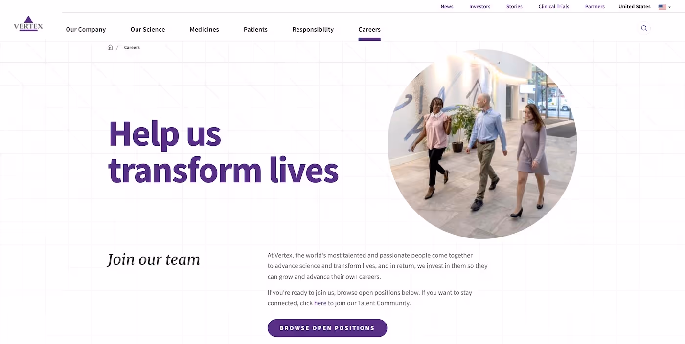 Screenshot of the official career page of Vertex Pharmaceuticals