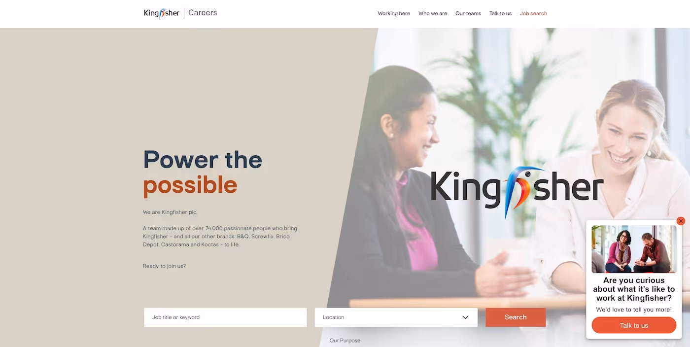 Screenshot of the official career page of Kingfisher