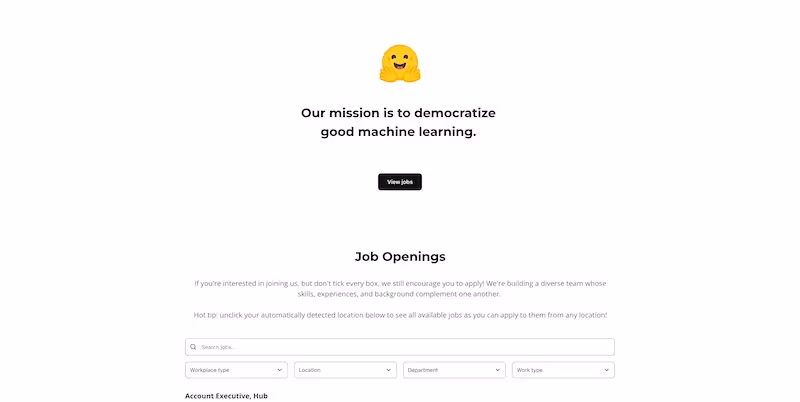 Screenshot of the official career page of Hugging Face