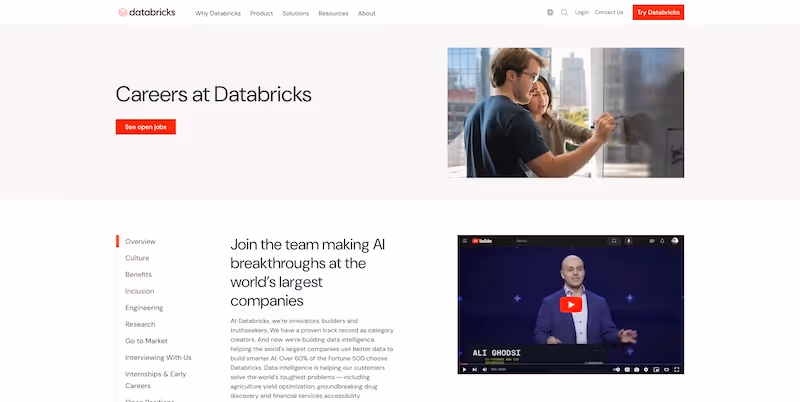 Screenshot of the official career page of Databricks