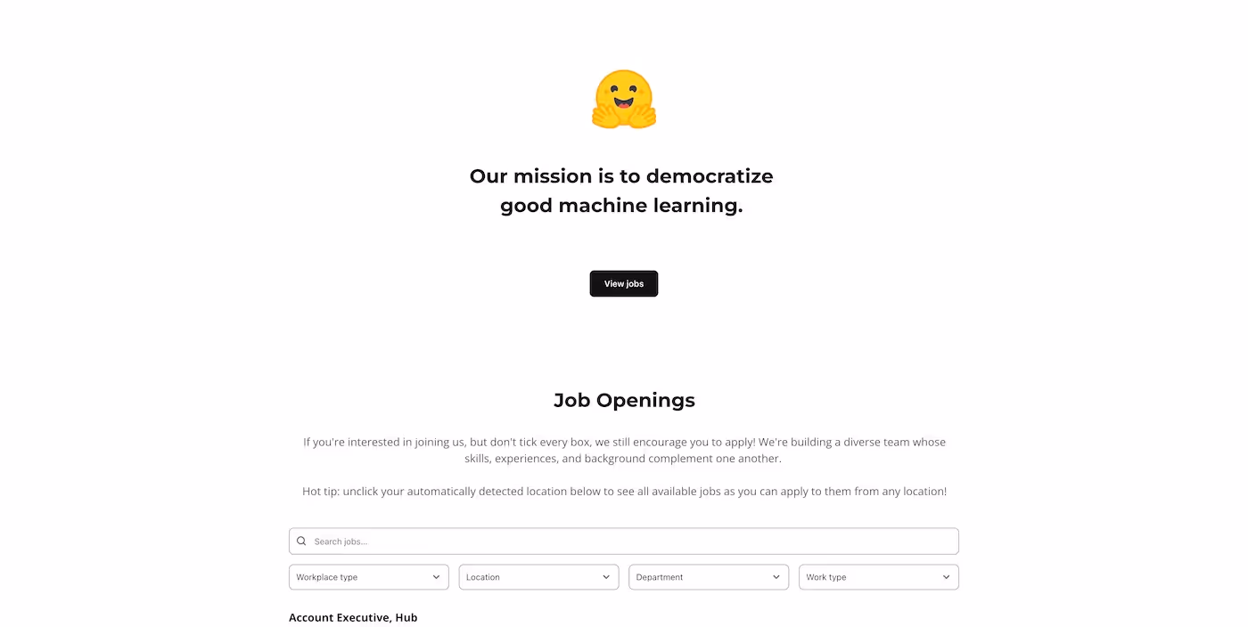 Screenshot of the official career page of Hugging Face