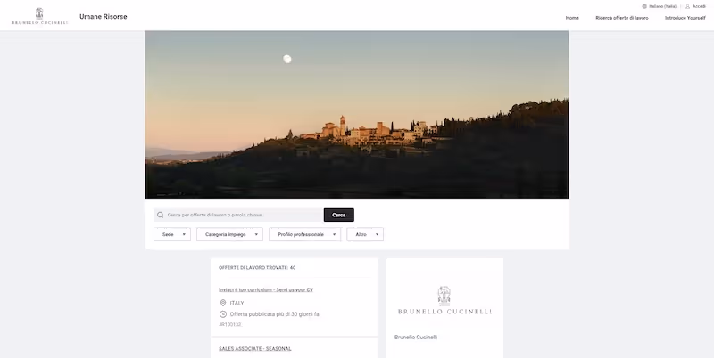 Screenshot of the official career page of Brunello Cucinelli