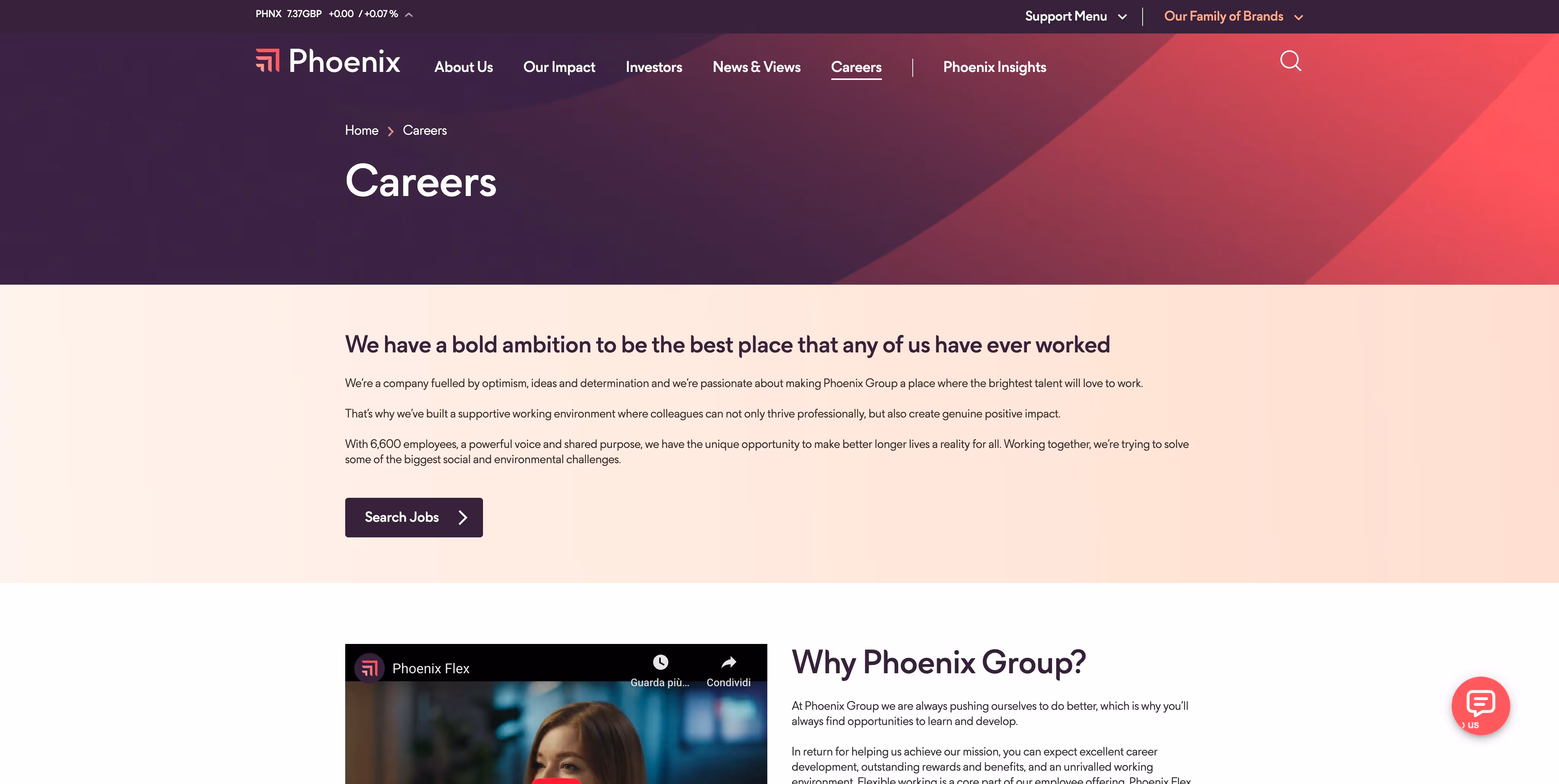 Screenshot of the official career page of Phoenix Group Holdings