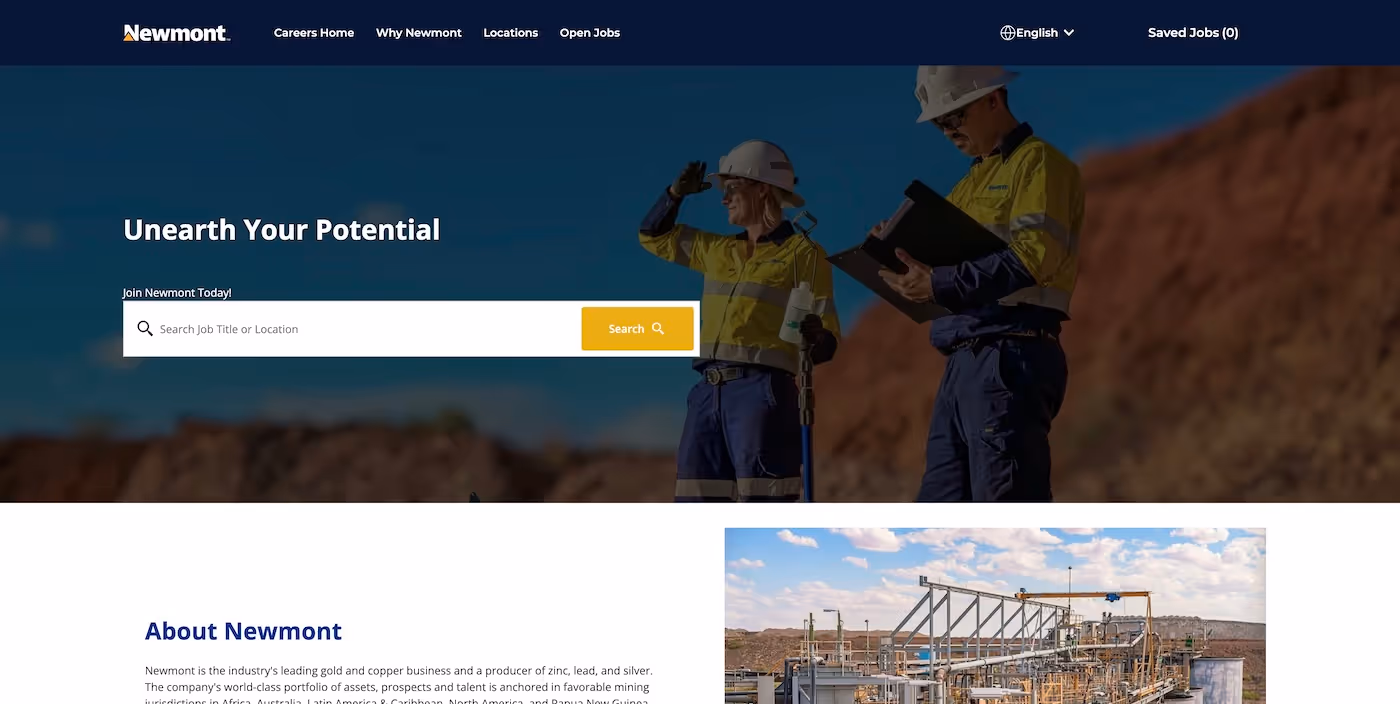 Screenshot of the official career page of Newmont