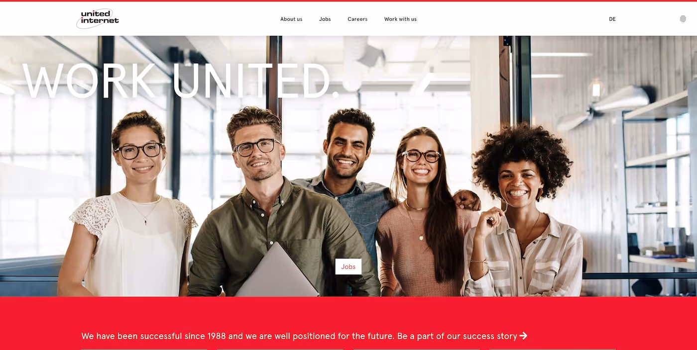 Screenshot of the official career page of United Internet