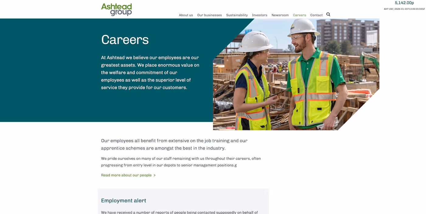 Screenshot of the official career page of Ashtead Group