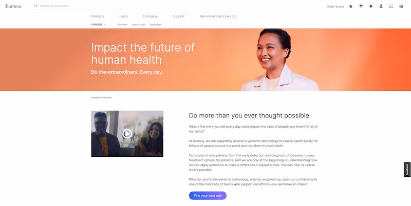 Screenshot of the official career page of Illumina