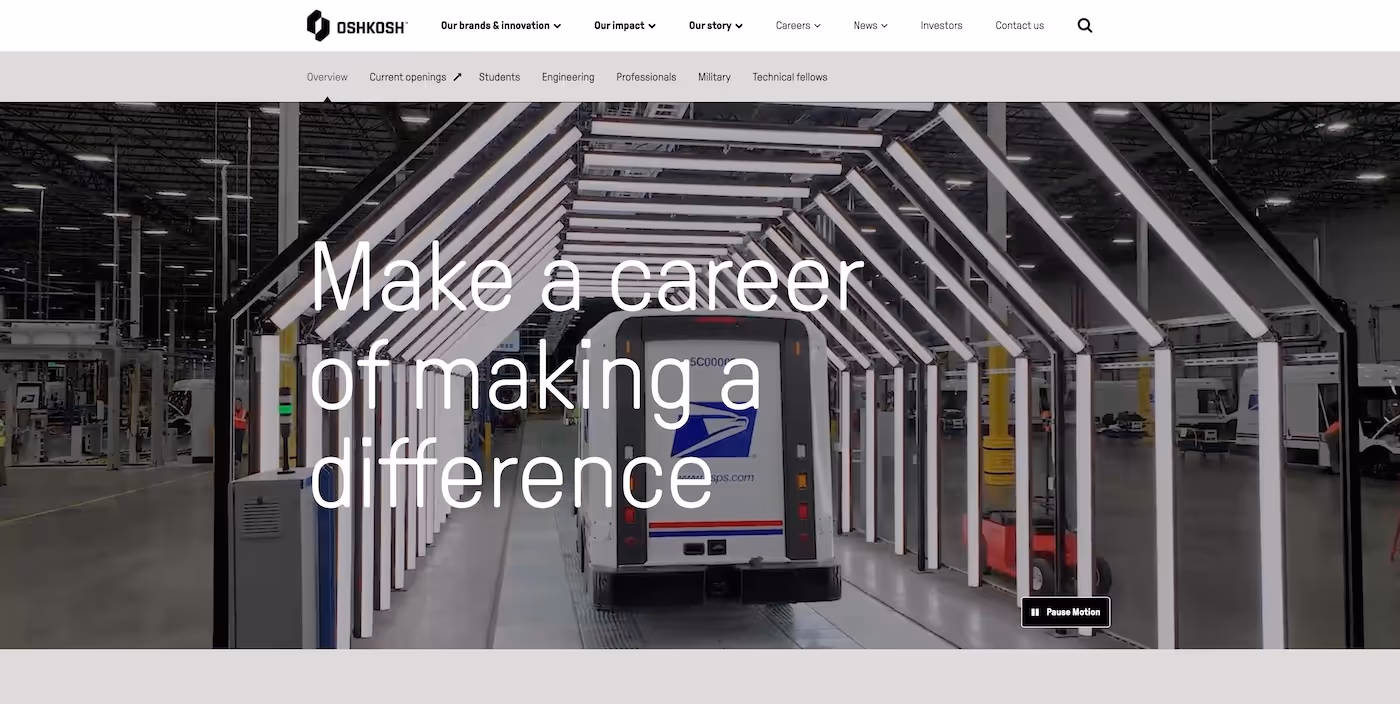 Screenshot of the official career page of Oshkosh
