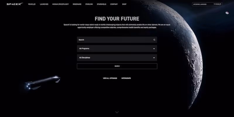 Screenshot of the official career page of SpaceX