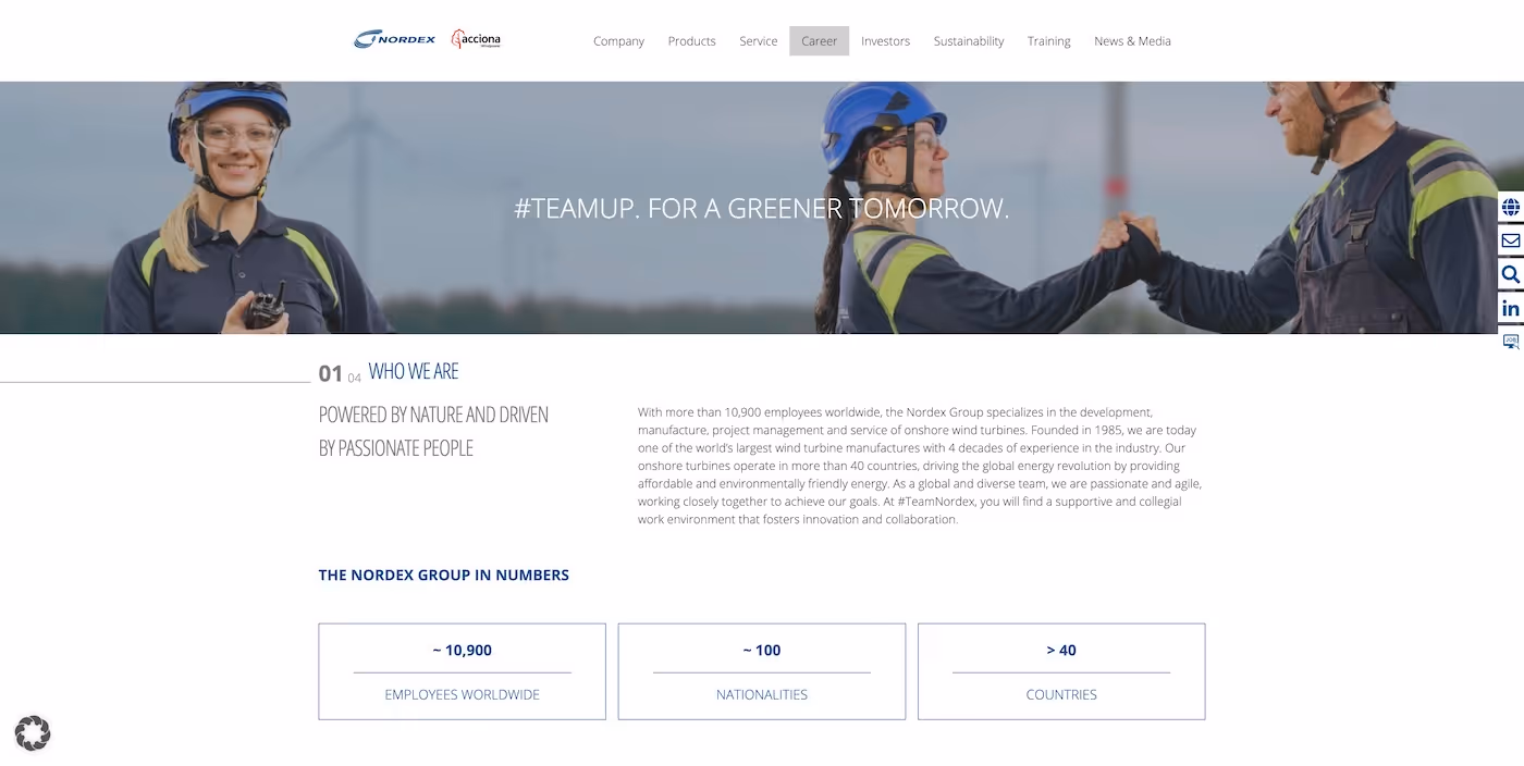 Screenshot of the official career page of Nordex SE