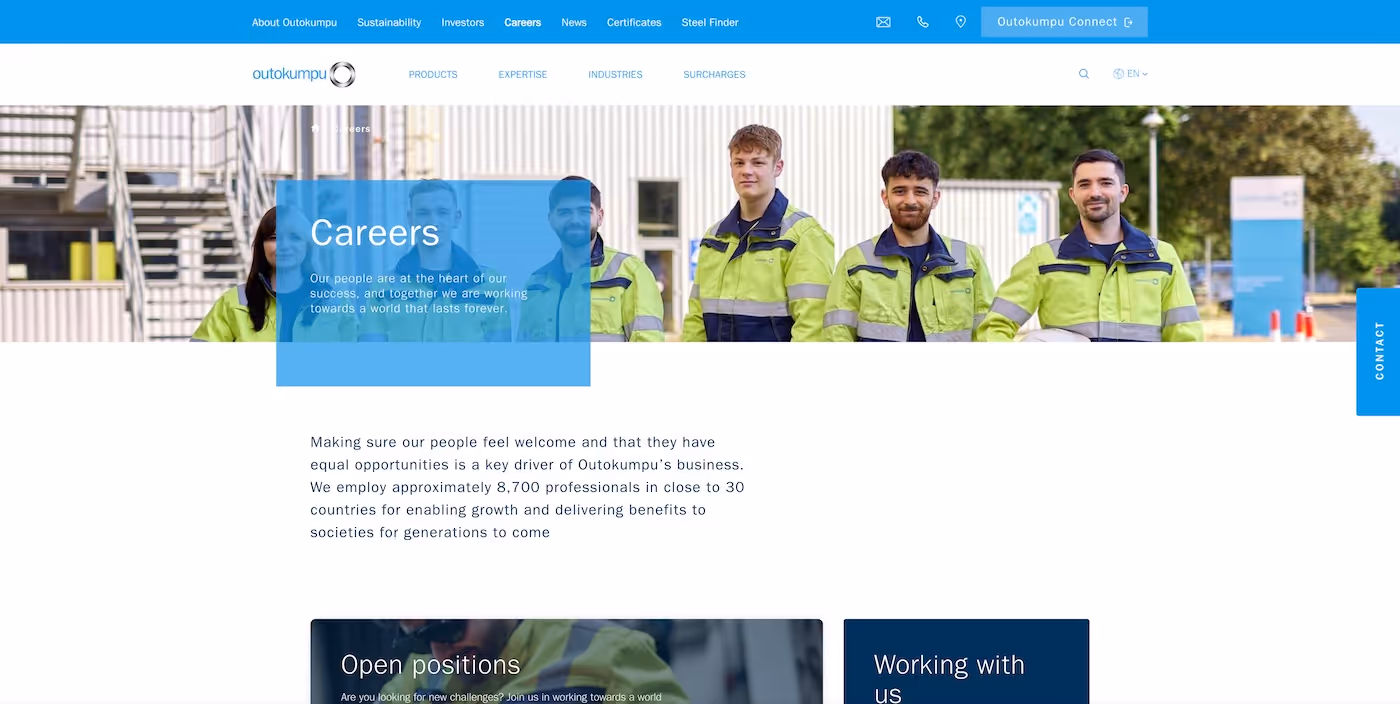 Screenshot of the official career page of Outokumpu