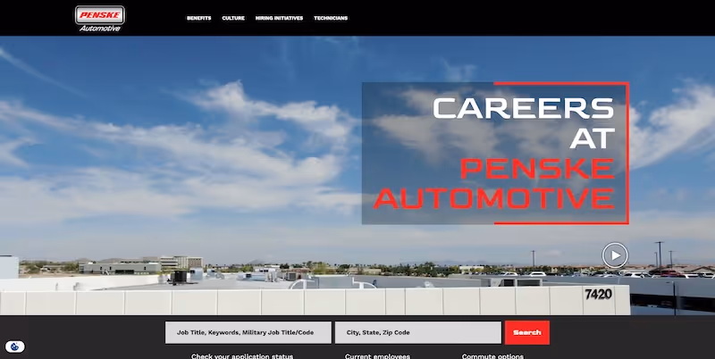 Screenshot of the official career page of Penske Automotive
