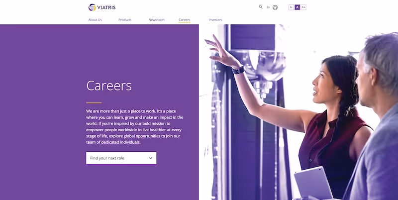 Screenshot of the official career page of Viatris