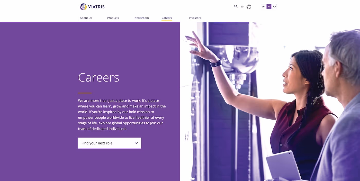 Screenshot of the official career page of Viatris