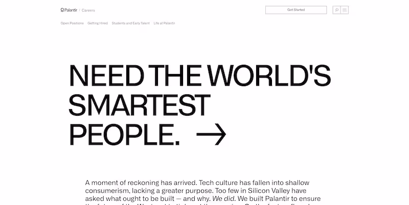 Screenshot of the official career page of Palantir Technologies