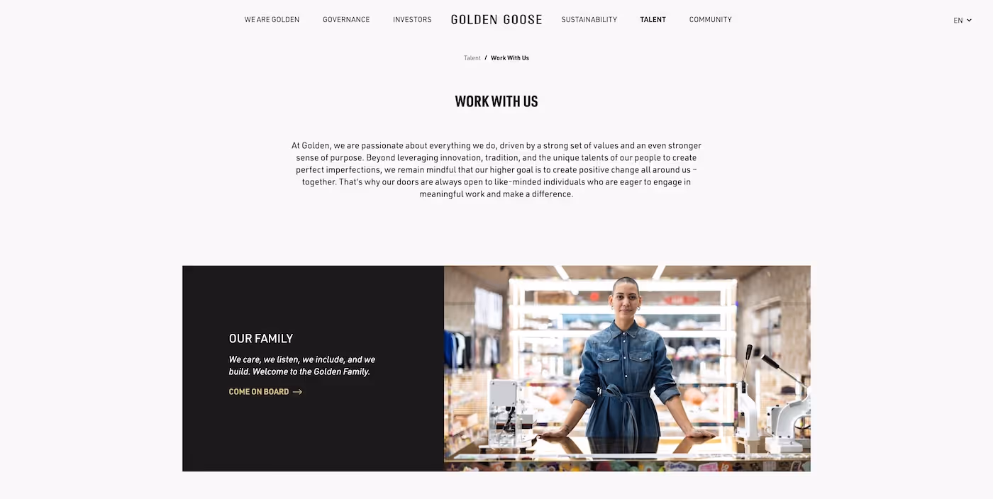 Screenshot of the official career page of Golden Goose