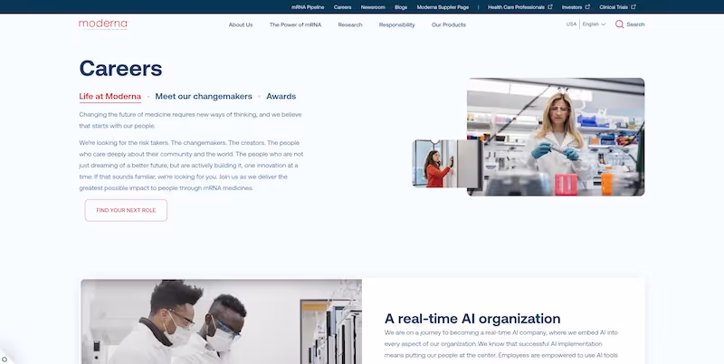 Screenshot of the official career page of Moderna