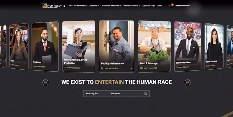 Screenshot of the official career page of MGM Resorts International