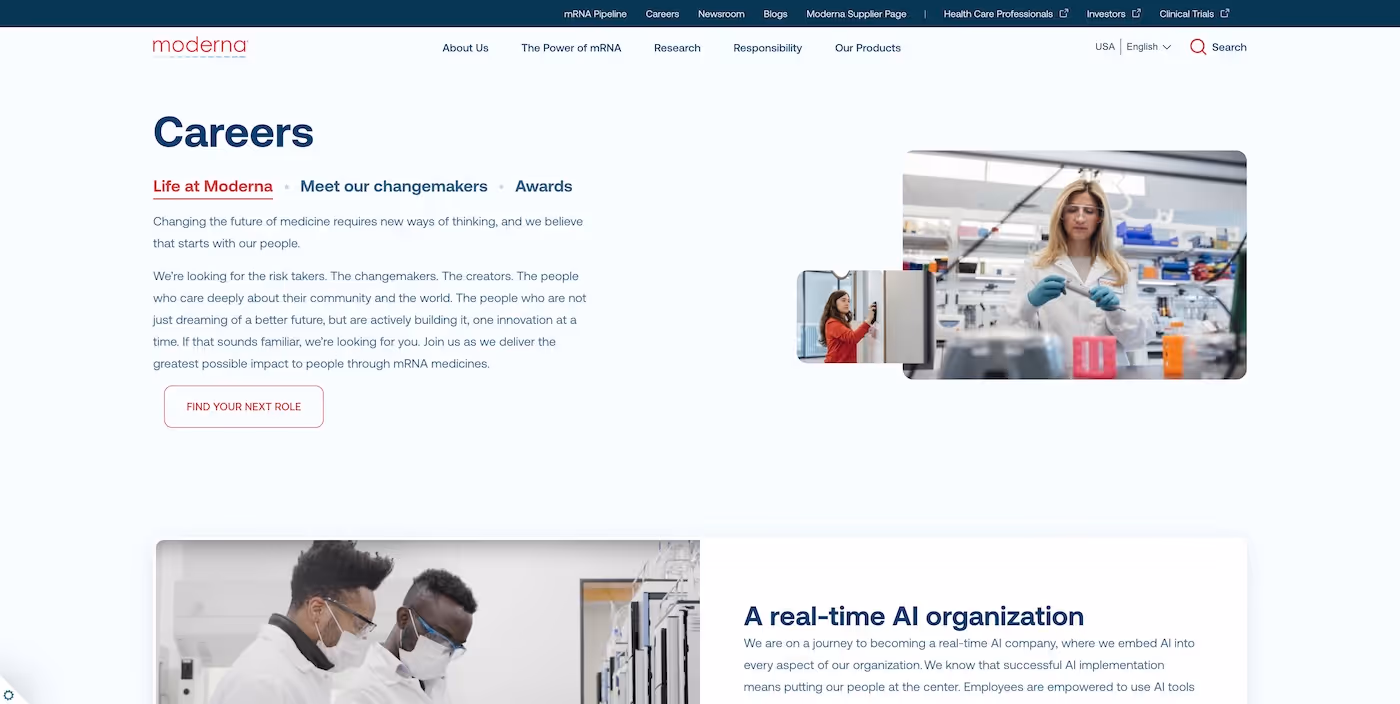 Screenshot of the official career page of Moderna