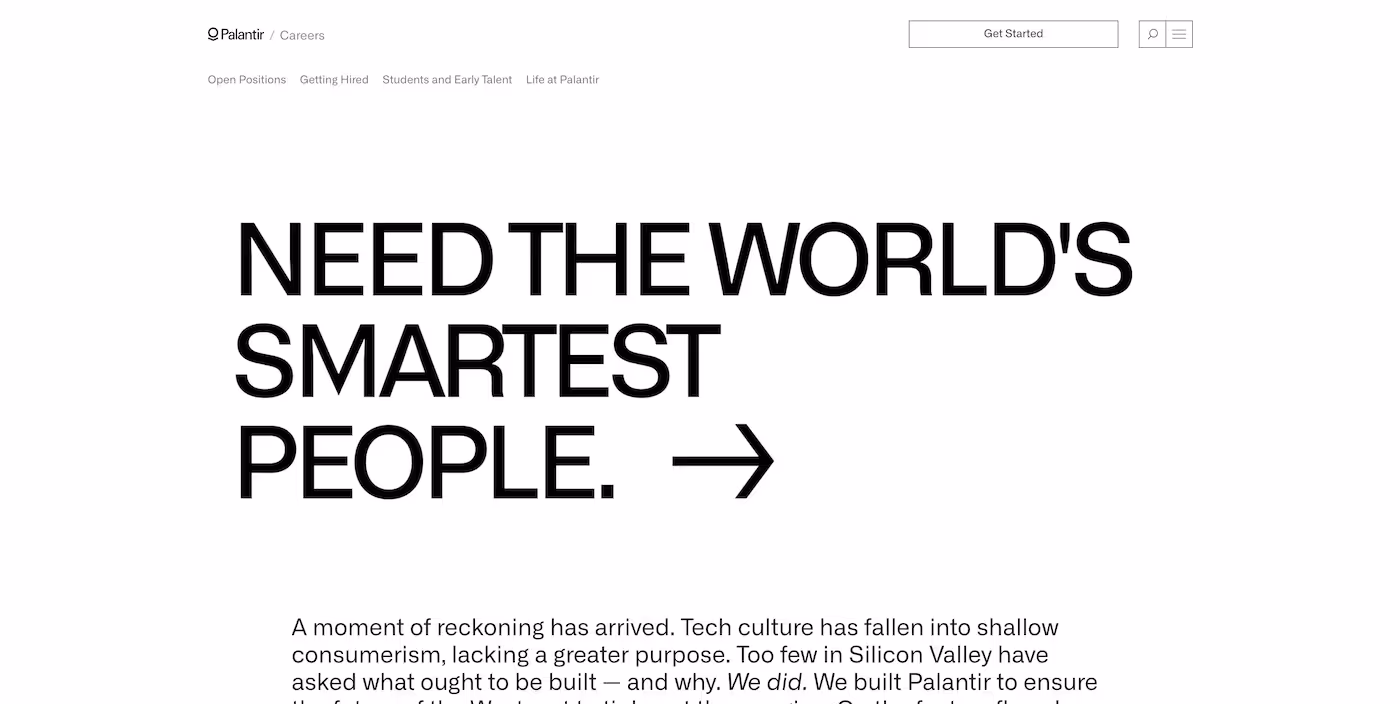 Screenshot of the official career page of Palantir Technologies
