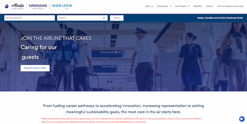 Screenshot of the official career page of Alaska Airlines