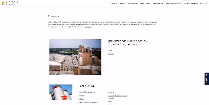 Screenshot of the official career page of Molson Coors Beverage