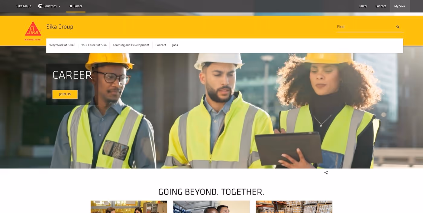 Screenshot of the official career page of Sika