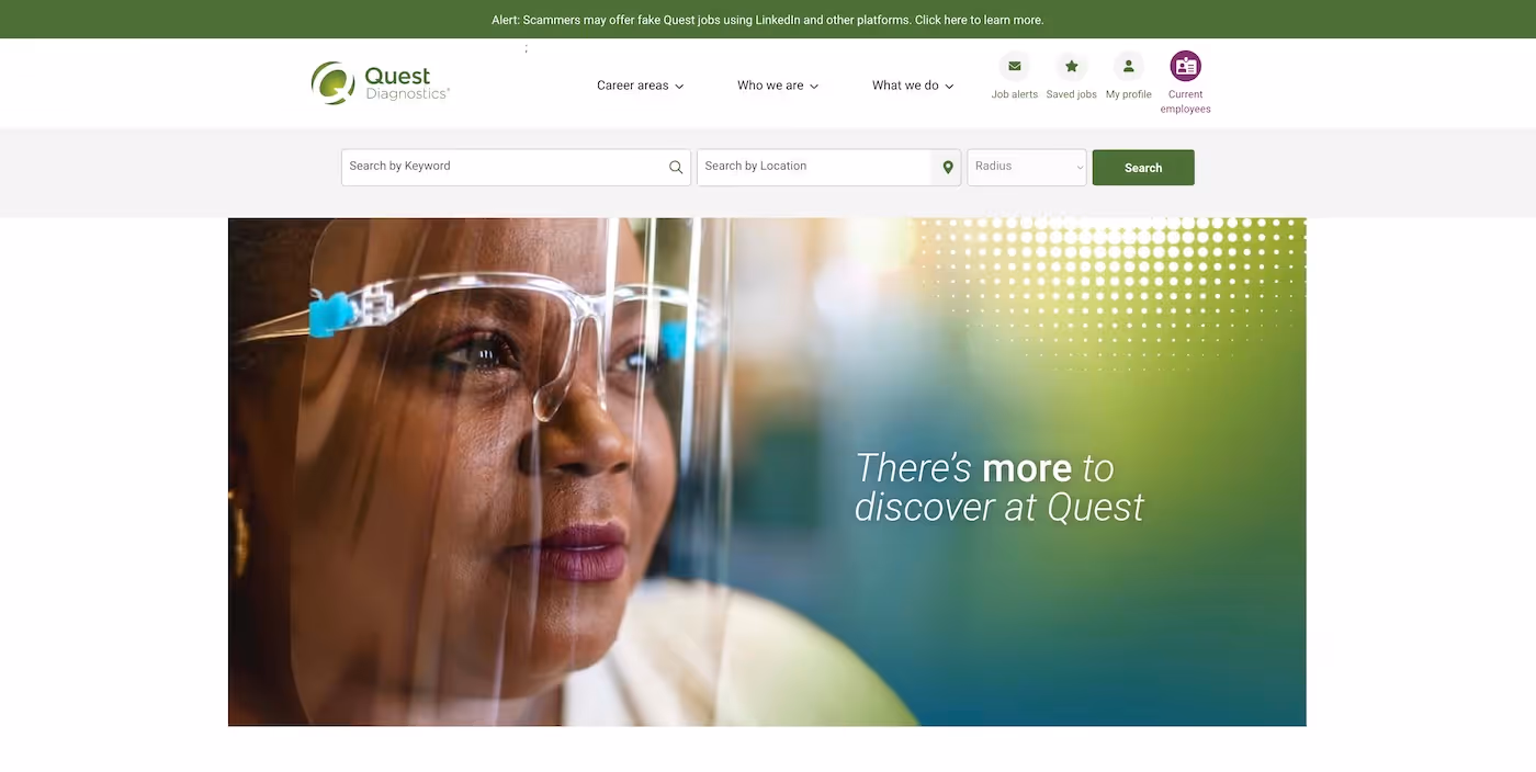 Screenshot of the official career page of Quest Diagnostics