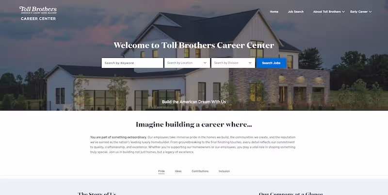 Screenshot of the official career page of Toll Brothers
