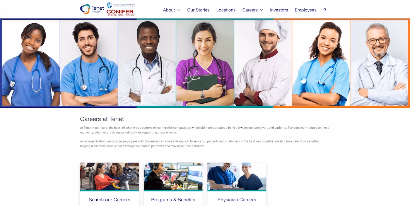 Screenshot of the official career page of Tenet Healthcare