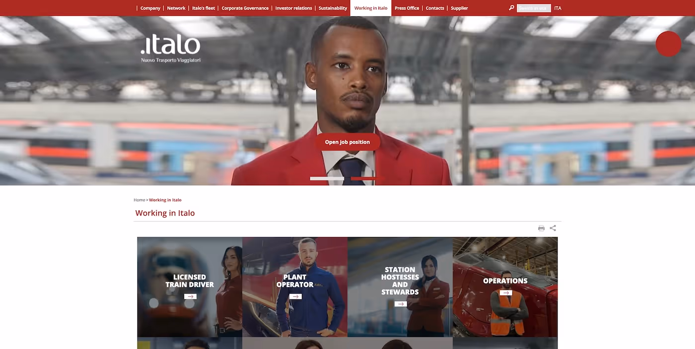 Screenshot of the official career page of Italo