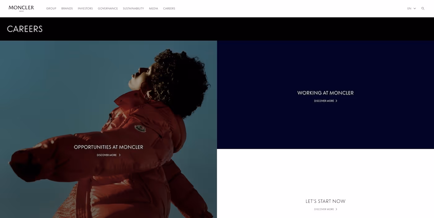 Screenshot of the official career page of Moncler