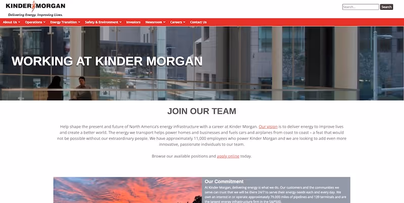 Screenshot of the official career page of Kinder Morgan