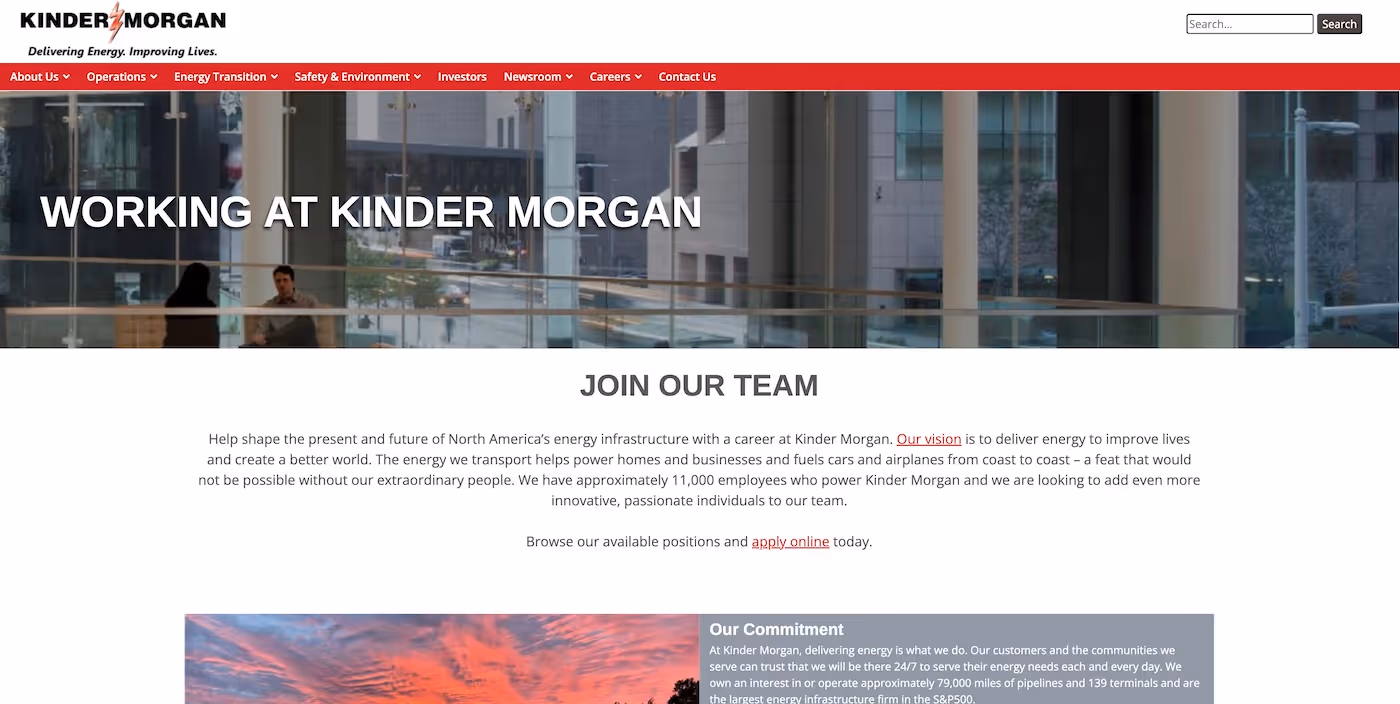 Screenshot of the official career page of Kinder Morgan
