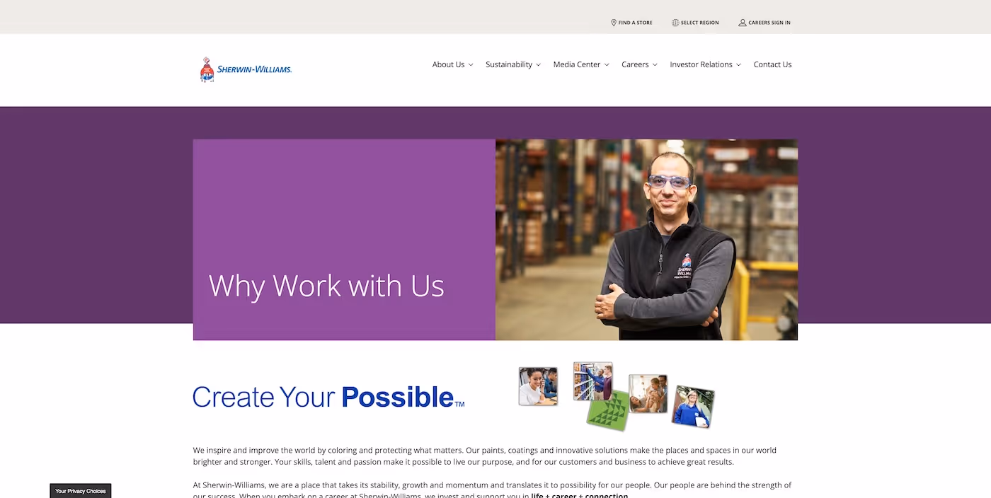 Screenshot of the official career page of Sherwin-Williams