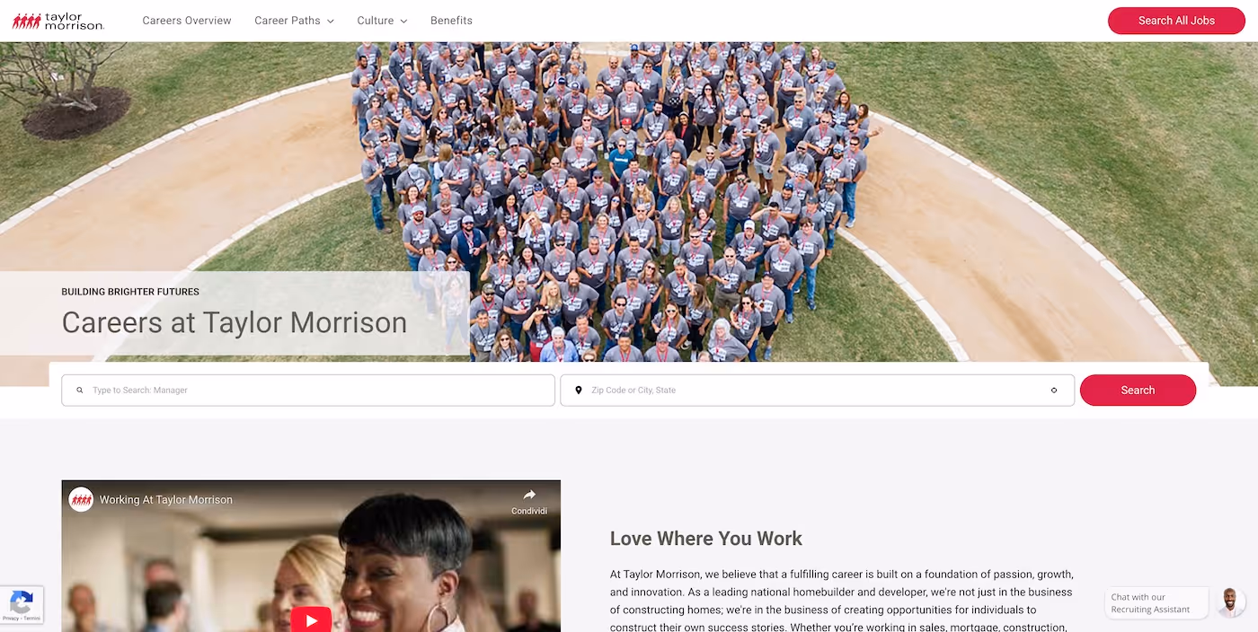 Screenshot of the official career page of Taylor Morrison