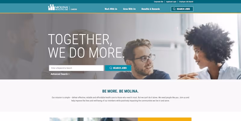 Screenshot of the official career page of Molina Healthcare